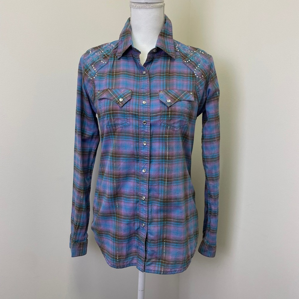 Rock 47 by Wrangler Womens S Purple Plaid Rhinestone Western Pearl Snap Shirt
